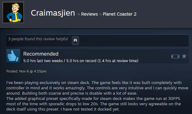 Screenshot showing Steam user reviews of Planet Coaster 2.